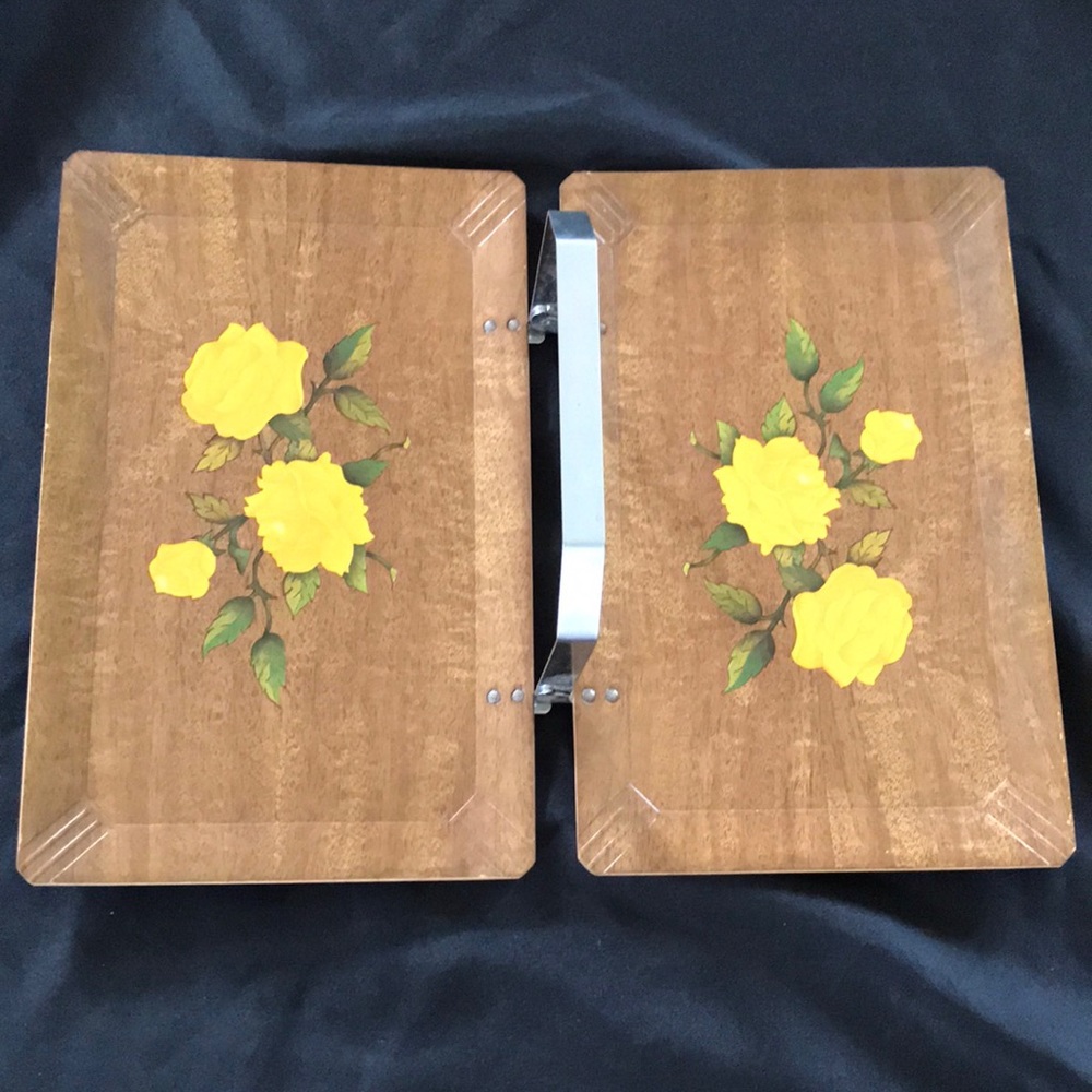 Vtg MCM HASKO Tuck~A~Way~Folding Tray~Yellow Roses~Cottage Grandma Core